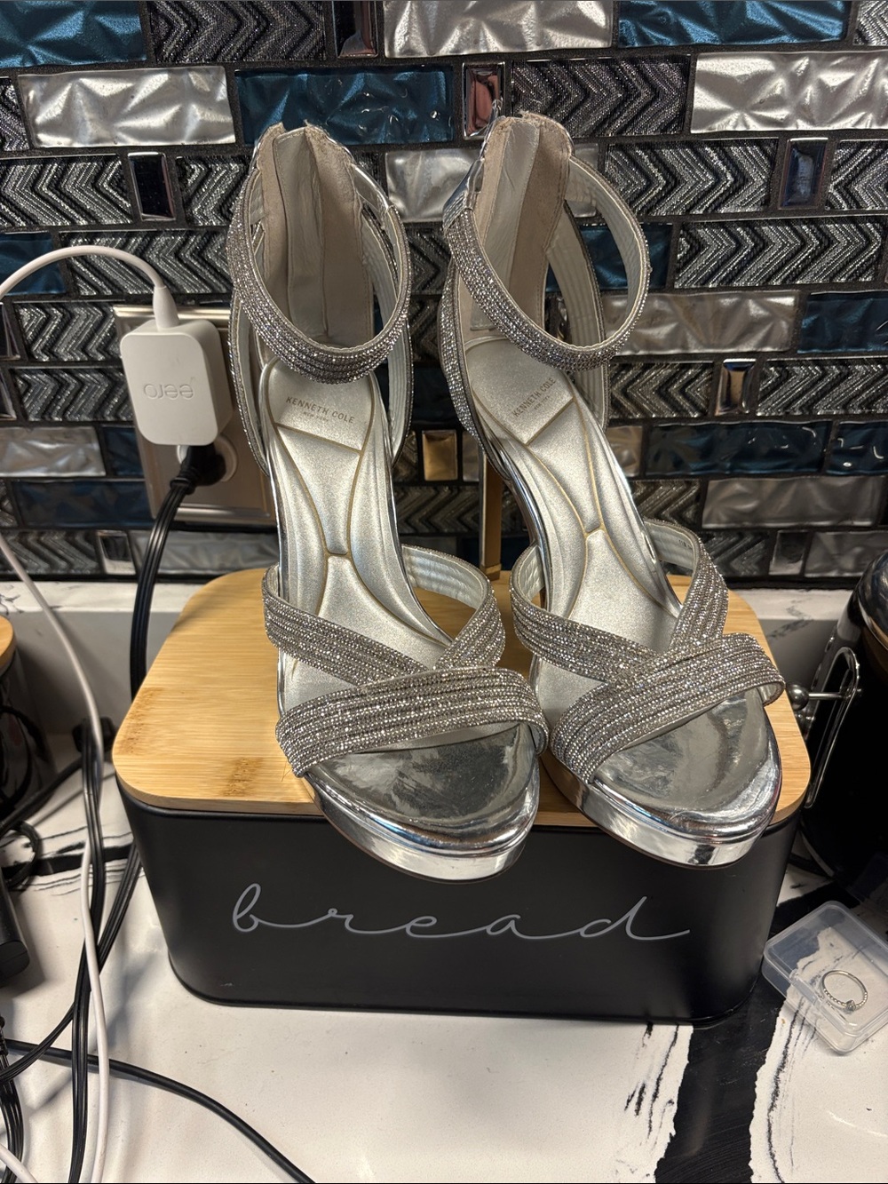 Kenneth Cole Silver Crystal-Strap Stiletto Sandals